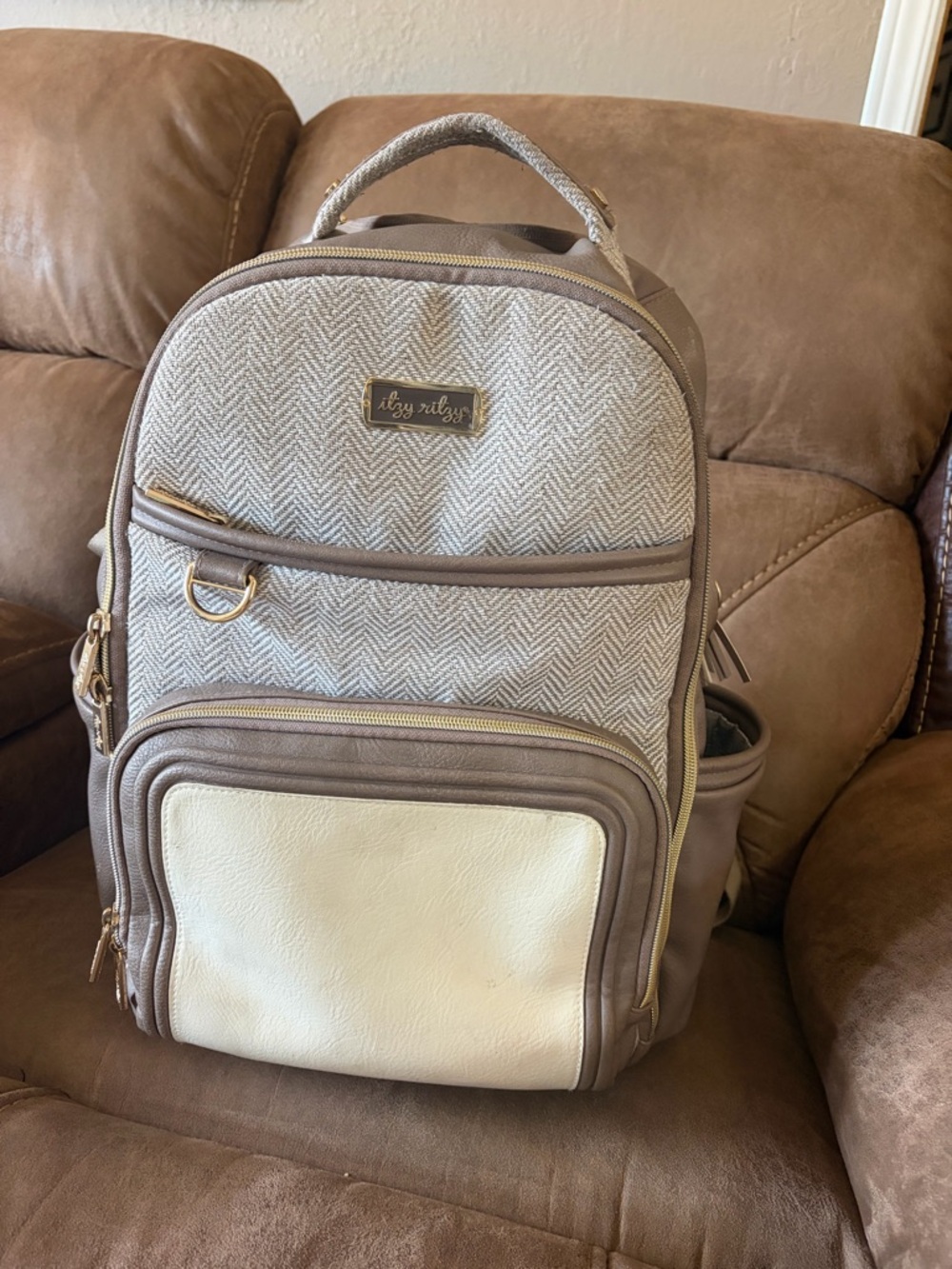Itzy Ritzy Taupe & Cream Zippered Backpack Diaper Bag